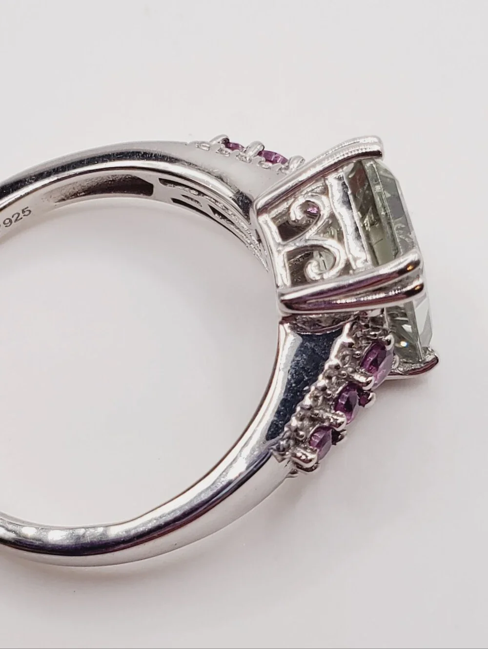 Emerald Cut Montezuma Prasiolite & Pink Tourmaline 925 Sterling Silver Ring
